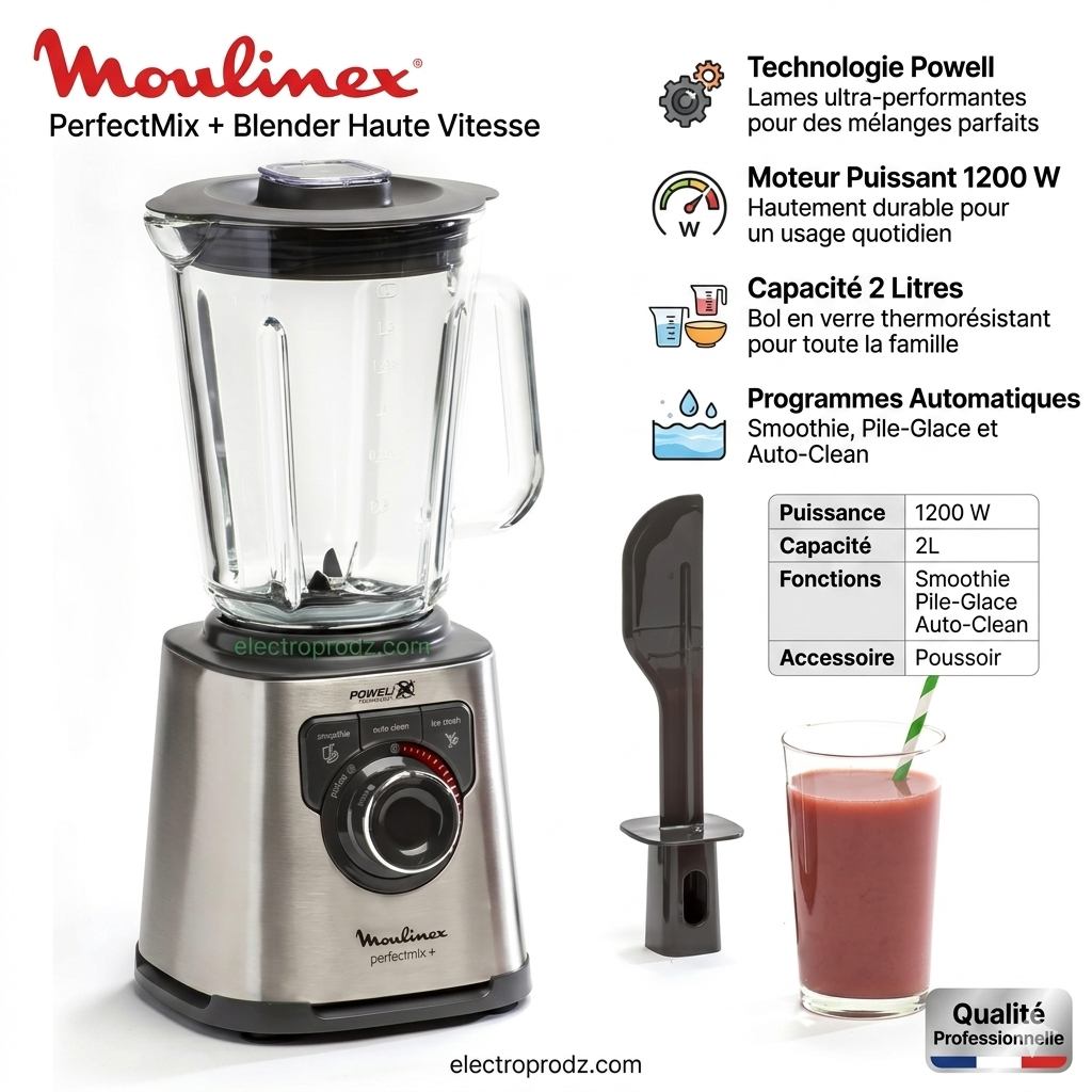 Moulinex Perfect Mix + Blender haute vitesse, 1200 W, Bol verre 2L