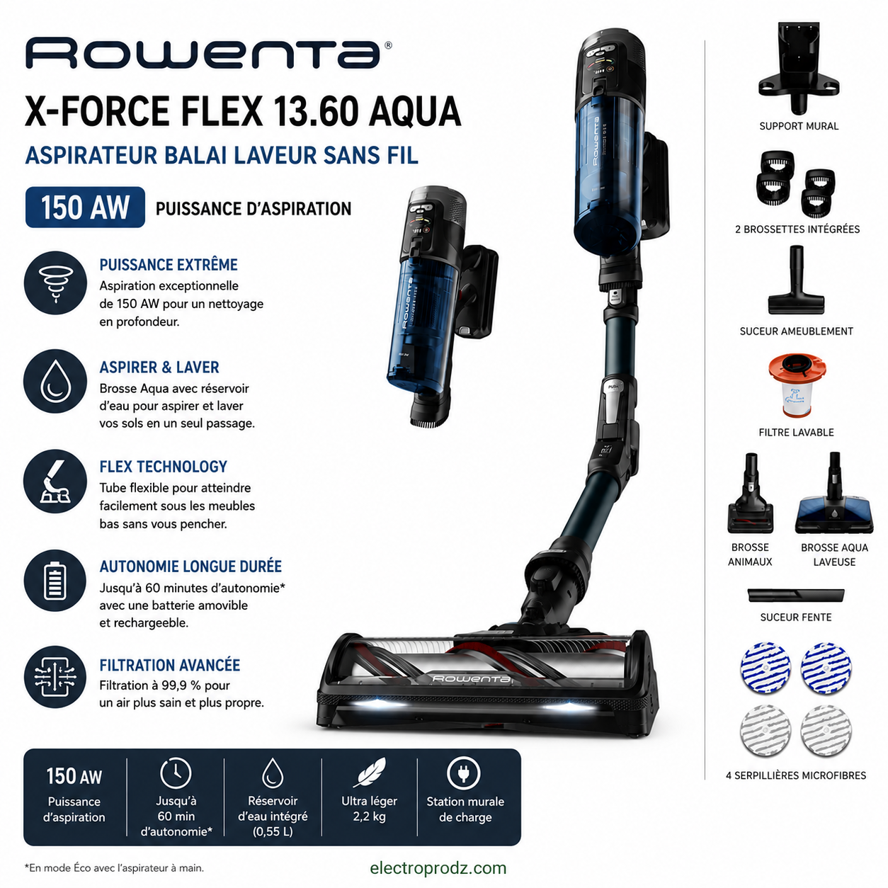 Rowenta X-Force Flex 13.60 Aqua – Aspirateur balai laveur sans fil (150 AW)