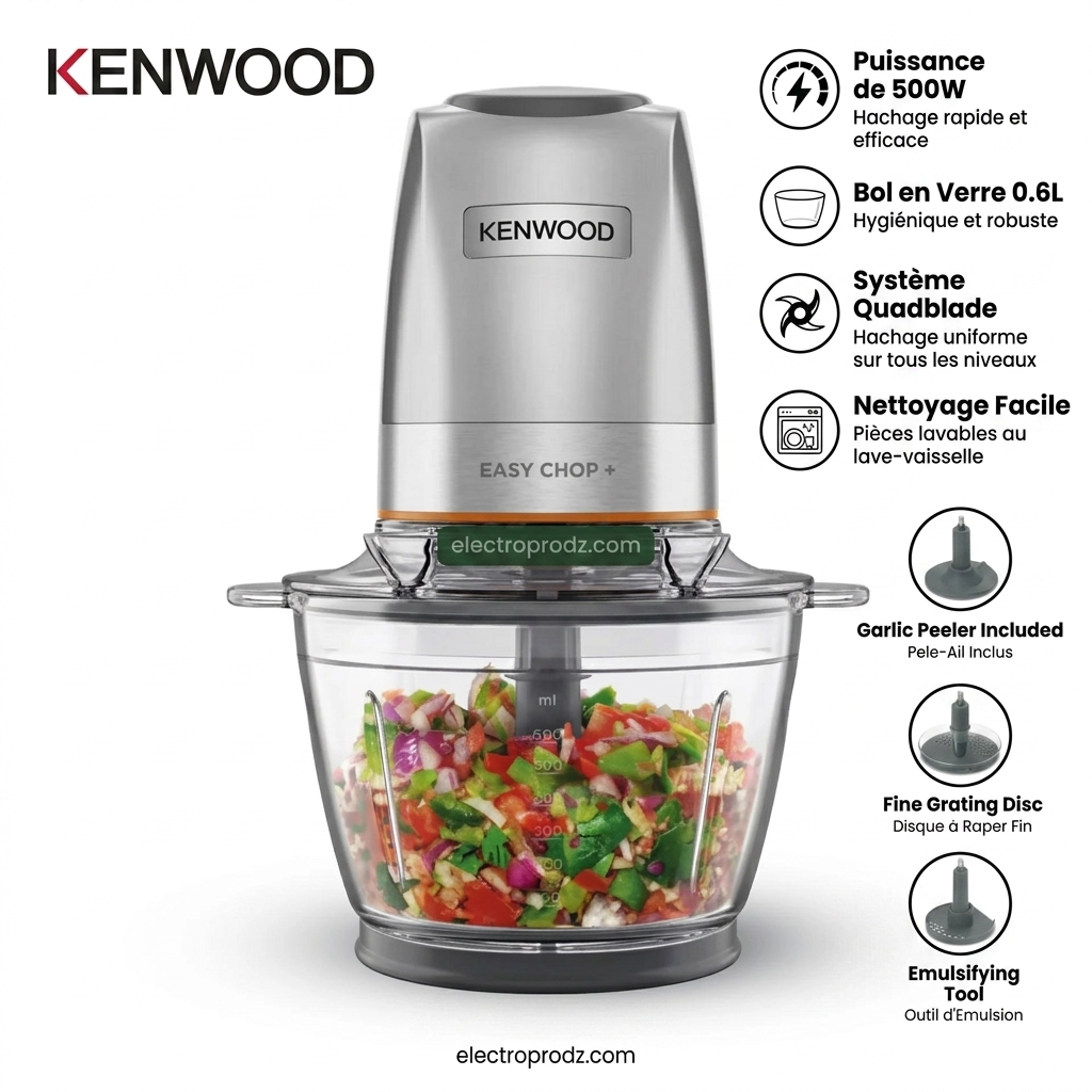 Kenwood CHP62 Easy Chop+ – Mini Hachoir 500W avec Bol en Verre/inox & Lames QuadBlade