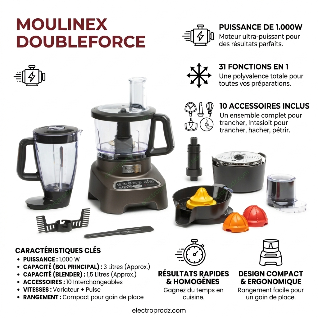 Moulinex DoubleForce Robot multifonction - 31 Fonctions - 1.000W - 10 accessoires