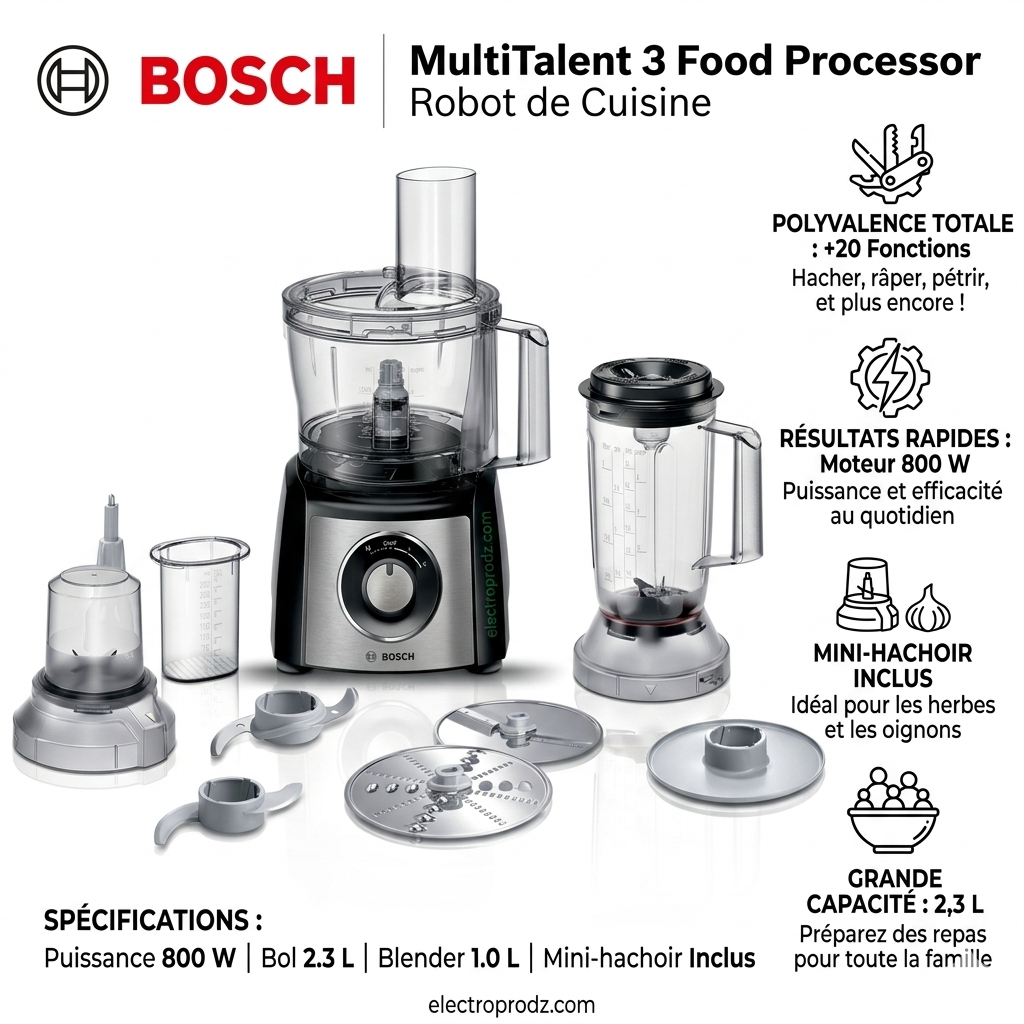 Bosch MultiTalent 3  – Robot de cuisine Multifonctions - plus de 20 fonctions – 800 W - 2,3 L