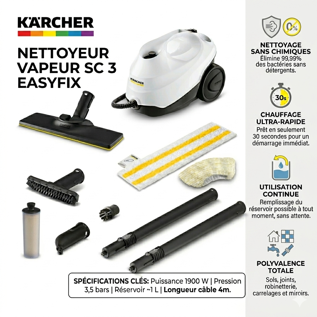 Nettoyeur vapeur Kärcher SC 3 EasyFix — Puissance vapeur rapide et hygiène parfaite