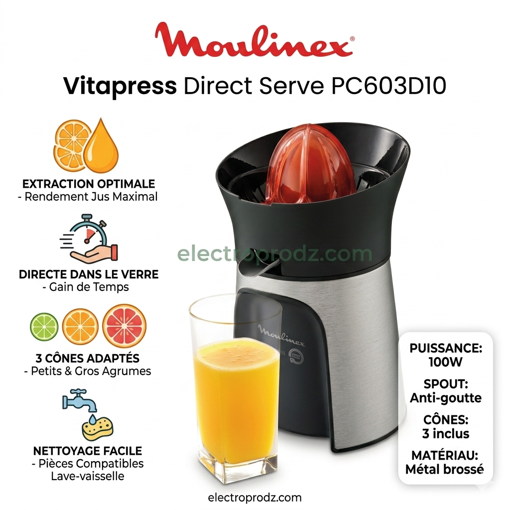 Moulinex PC603D10 Vitapress Direct Serve 3 Cones-Citrus Press Metallic Grey/Black 100W